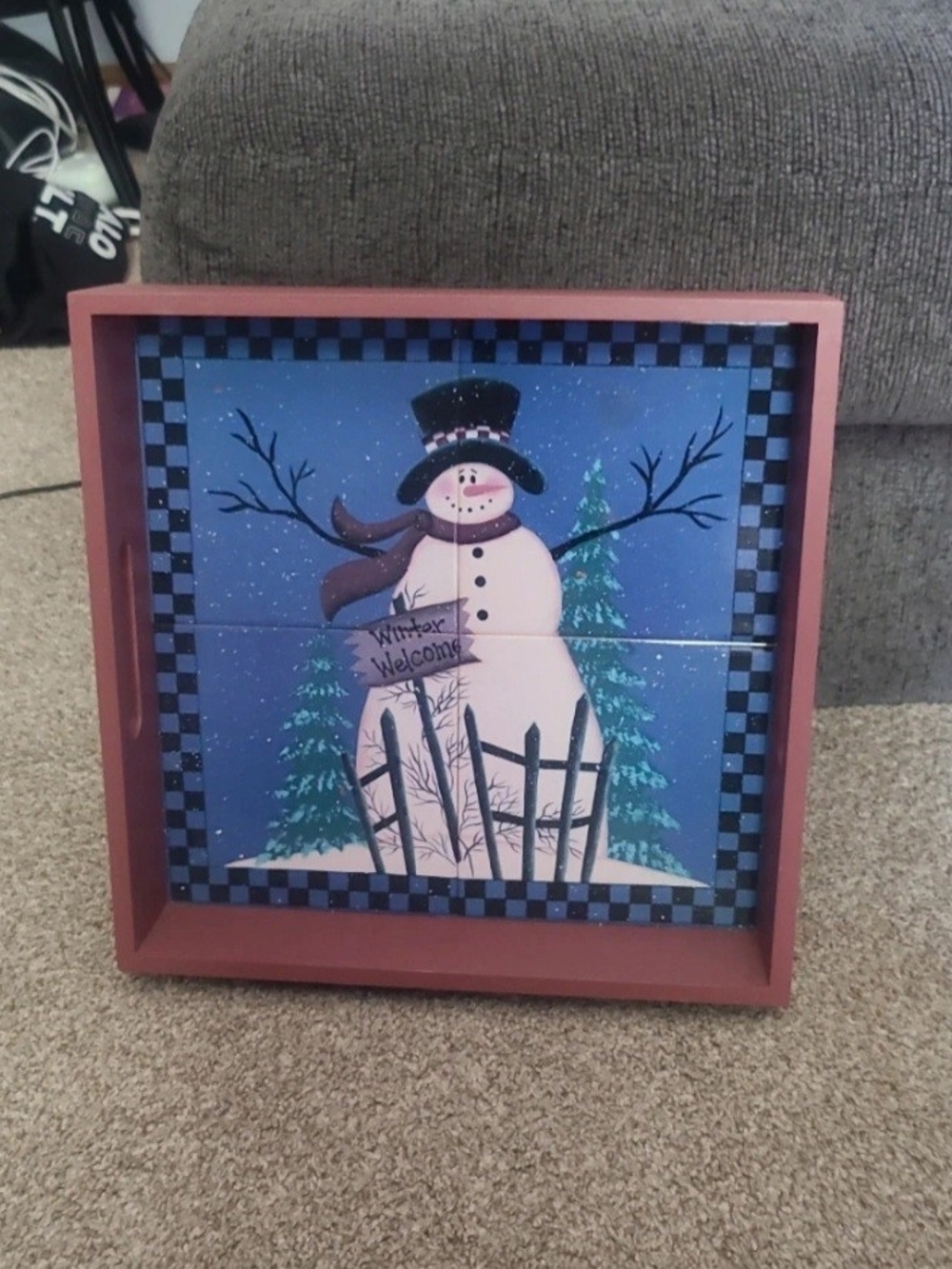 Winter Snowman Decorative Wall Art - Blue & Red Framed Tile